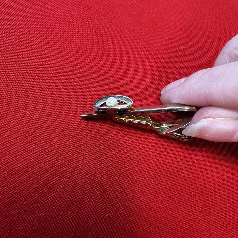 Vintage Shiny‎ Gold Tone TIE BAR CLIP CLASP STAY Faux Pearl